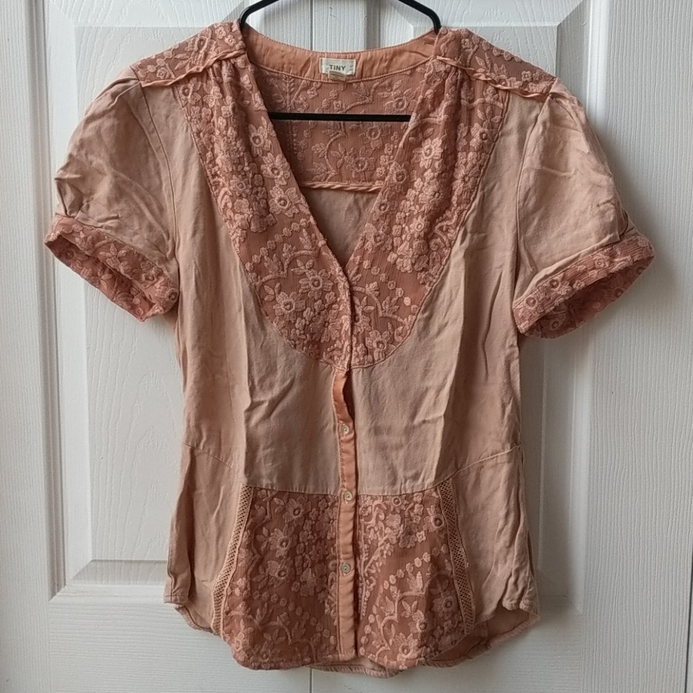 NWOT Anthropologie Embroidered Pink Button Blouse